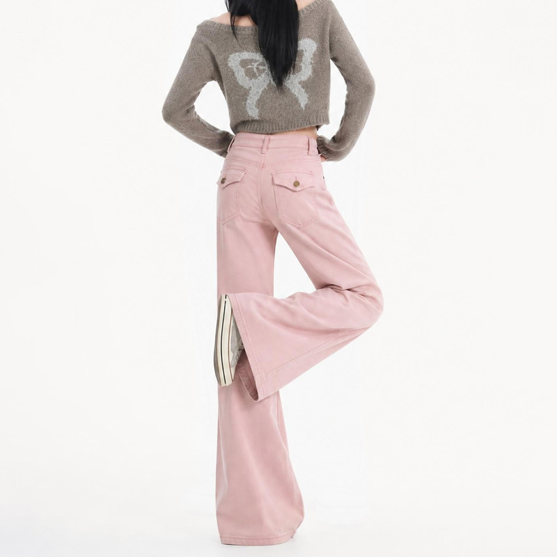Pink Flared Jeans for Women, High-Waisted, New Autumn Style, Flap Back Pockets, Sweet and Cool Style, Floor-Length Flared Pants, Stretchy Pink Flared Jeans for Women, High-Waisted, New Autumn Style, Flap Back Pockets, Sweet and Cool Style, Floor-Length Flared Pants, Stretchy