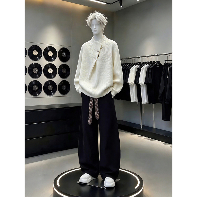 White Irregular High-Neck Sweater Set for Men, Autumn and Winter High-End Knitwear with Pants and Top, Complete Set