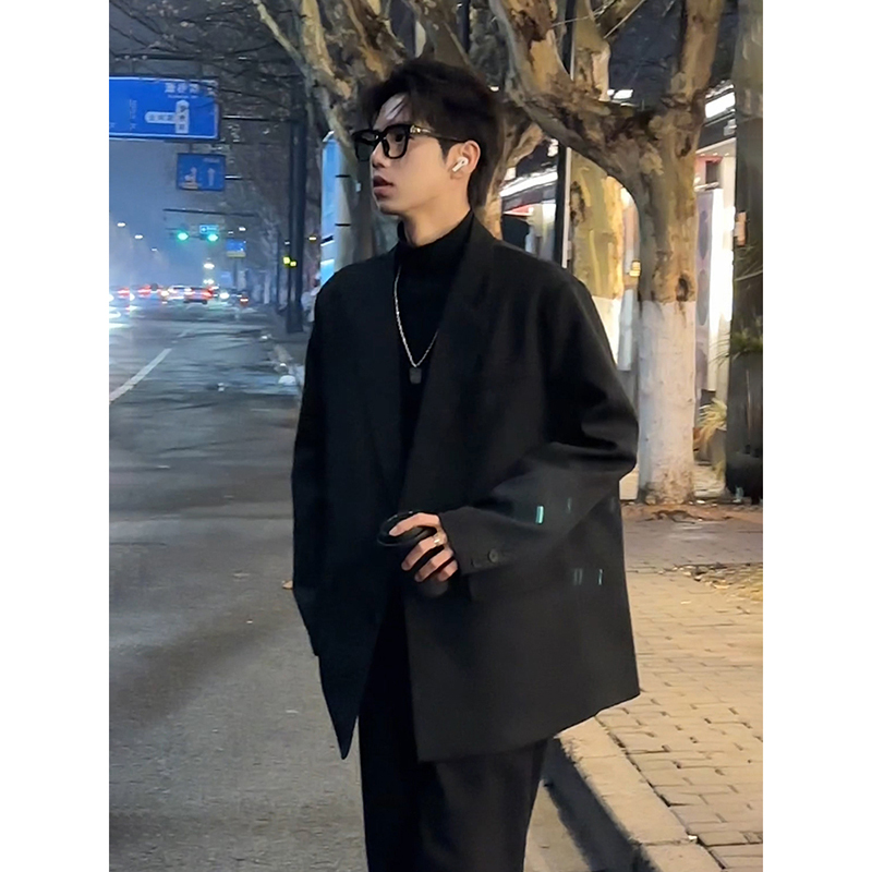 Cool Black Blazer for Men, Spring and Autumn Style, Peaked Lapel, Casual Suit Jacket, High-End, Handsome, Dk Uniform