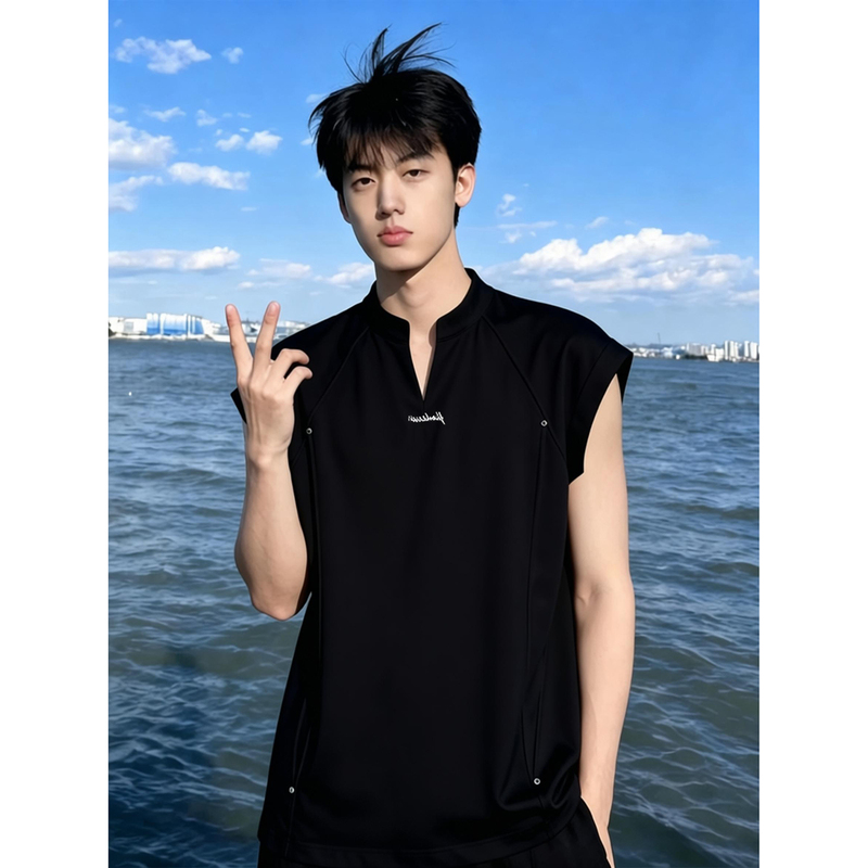 Black Studded Deconstructed V-Neck Vest for Men, Summer Cleanfit Patchwork Sleeveless T-Shirt, American High Street Sports Vest