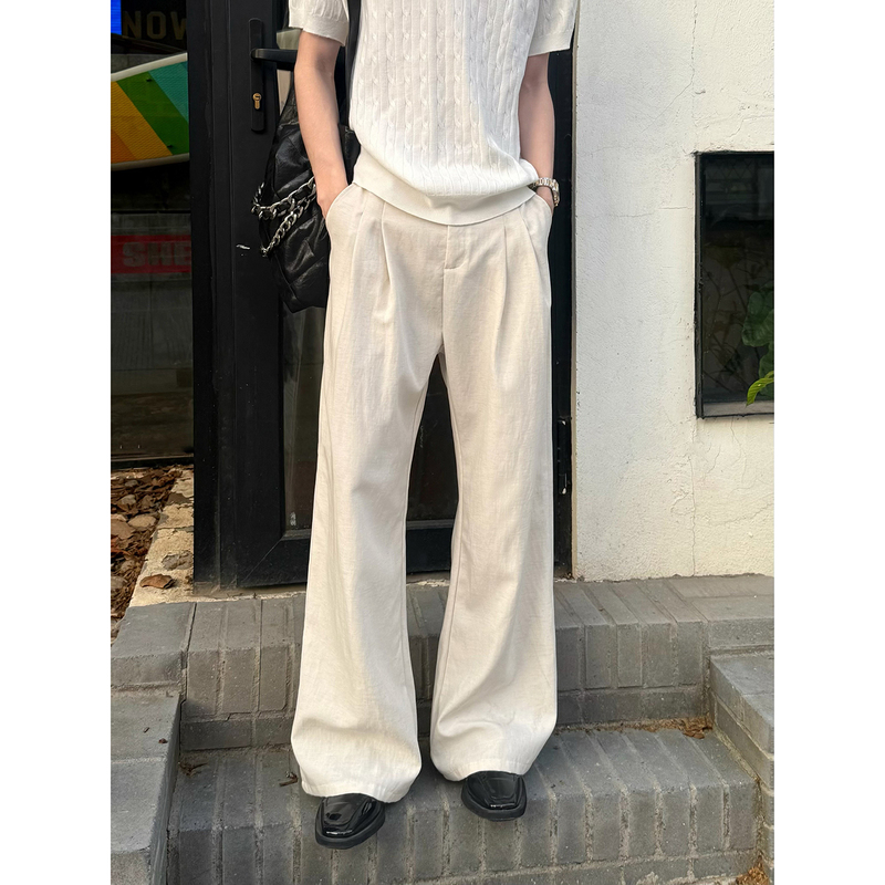 Tencel Blend White Linen Pants for Men, Summer, Sophisticated Style, Old Money Style, Straight-Leg Wide-Leg Knife-Cut Dress Pants