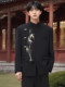 New Chinese style men's black dress for engagement, irregular suit, Chinese style stand collar, golden bamboo embroidery tunic