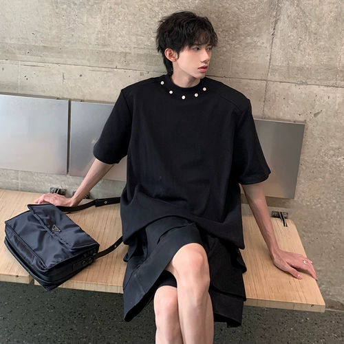 Мужская дизайнерская нишевая футболка в стиле американского ретро с правым плечом, с короткими рукавами и маленьким вырезом, подплечники, рукава три четверти