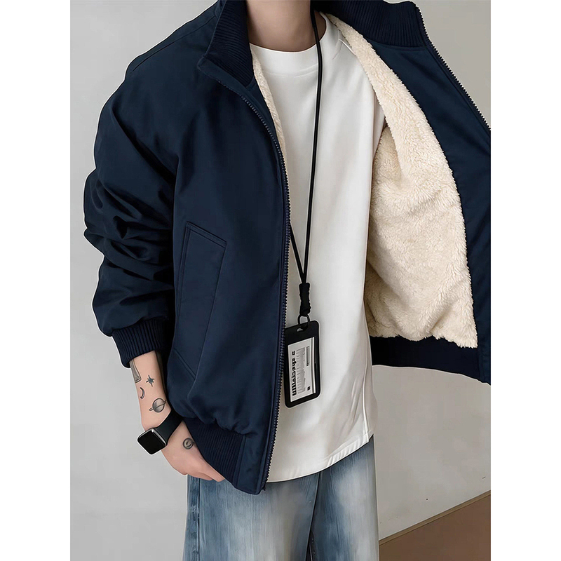 American-Style Navy Blue Fleece-Lined Jacket for Men, Autumn and Winter Stand-Up Collar Bomber Jacket, Thickened Warm Short Cotton Coat American-Style Navy Blue Fleece-Lined Jacket for Men, Autumn and Winter Stand-Up Collar Bomber Jacket, Thickened Warm Short Cotton Coat