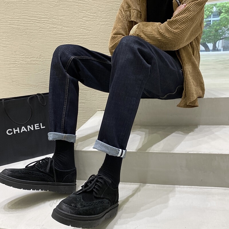 Men's Jeans to Pair with Martin Boots, Autumn and Winter Straight-Leg, Stylish and Cool Pants with a High-End Feel, Cuffed Slim-Fit Skinny Pants, Trendy Brand