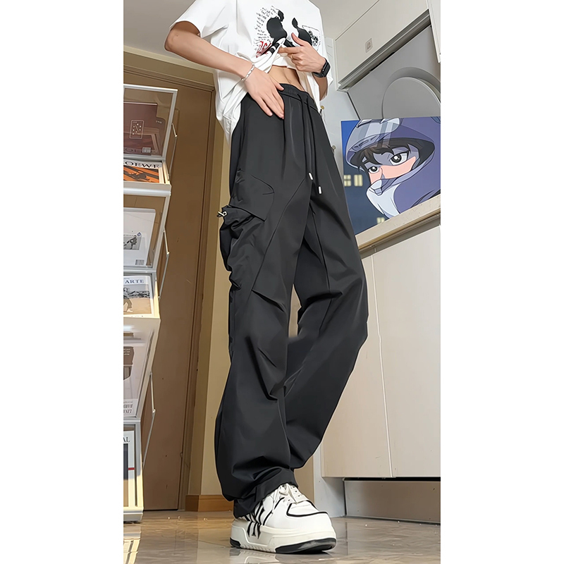 Black Pleated Cargo Pants with Large Pockets for Men, Summer Thin Ice Silk Quick-Dry Pants, Outdoor Functional American-Style Hiking Pants