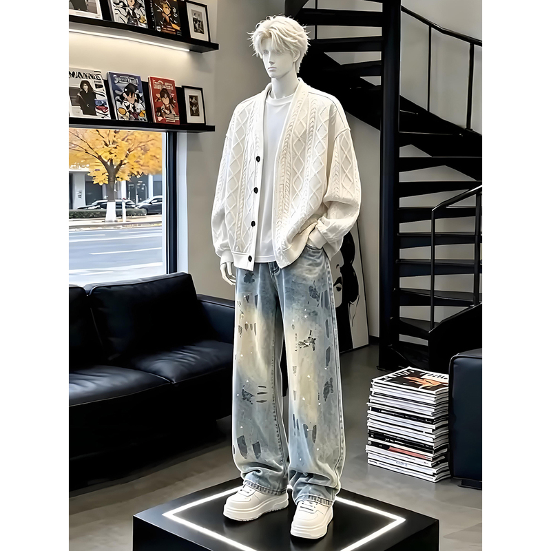 White Jacquard Knit Cardigan Sweatshirt Set with High-End Straight-Leg Jeans for Men, Stylish Autumn Outfit White Jacquard Knit Cardigan Sweatshirt Set with High-End Straight-Leg Jeans for Men, Stylish Autumn Outfit
