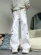 White and gray American tie-dye embroidered sweatpants men's winter velvet scimitar boot pants slim straight-leg sweatpants