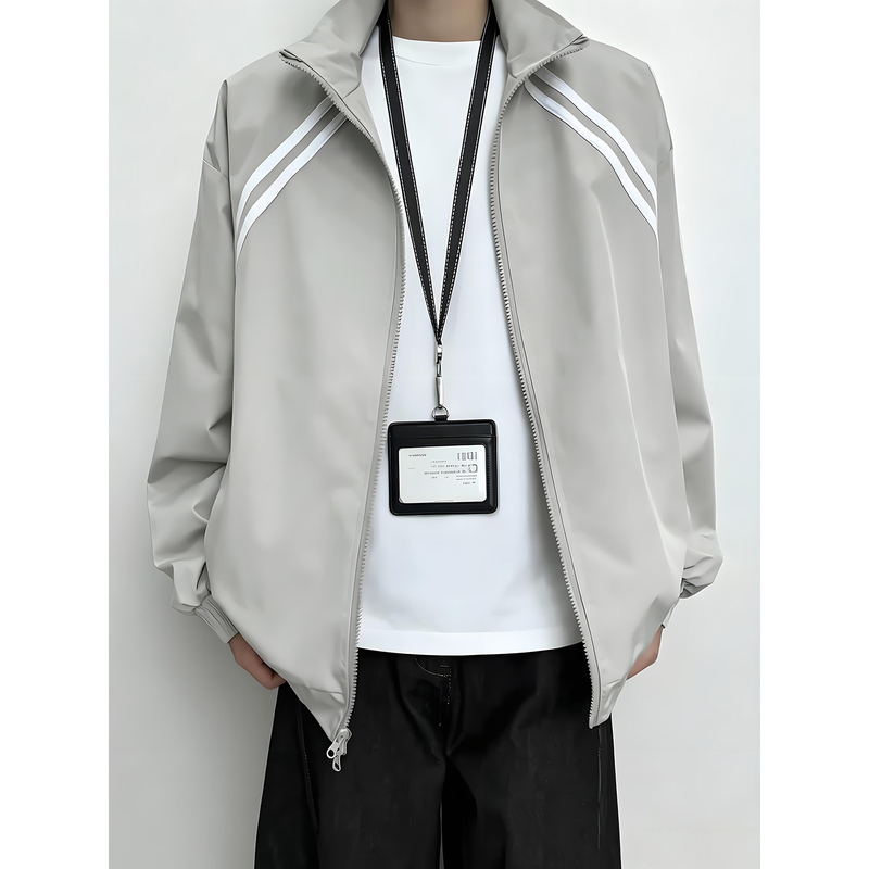 Gray American-Style Striped Stand-Collar Jacket for Men, Autumn High-End Sports Baseball Jacket, Short Waterproof Windbreaker Gray American-Style Striped Stand-Collar Jacket for Men, Autumn High-End Sports Baseball Jacket, Short Waterproof Windbreaker