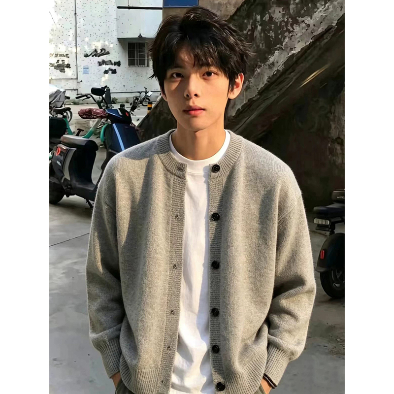 Light Gray Knitted Cardigan Jacket for Men, Autumn Korean Style, Husband-Like Look, High-End Sweater, Lazy Style Jacket