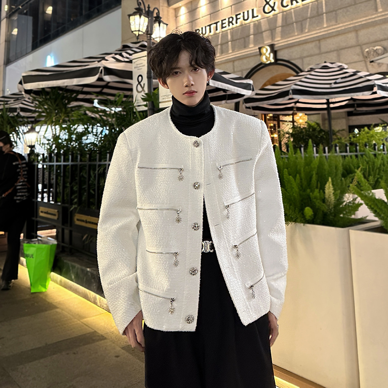 Men's White Chanel-Style Jacket, Spring and Autumn Design, Sequined Multi-Zipper Jacket, Cool and Stylish Collarless Blazer
