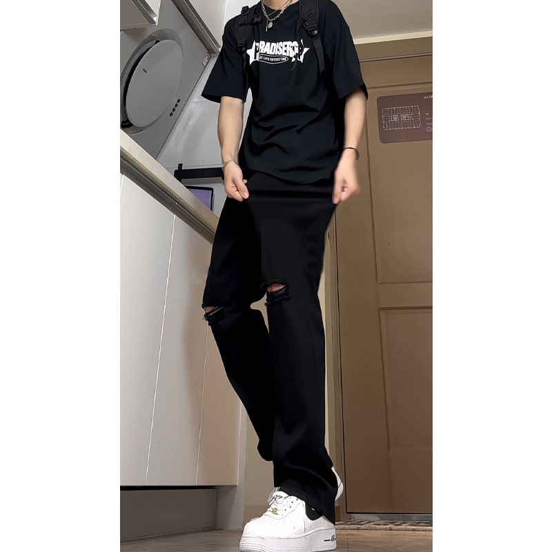 Men's Ripped Knee Jeans, Summer High-End Style, Slim Fit for Tall Men, High-Waisted Narrow Straight-Leg Scimitar Pants