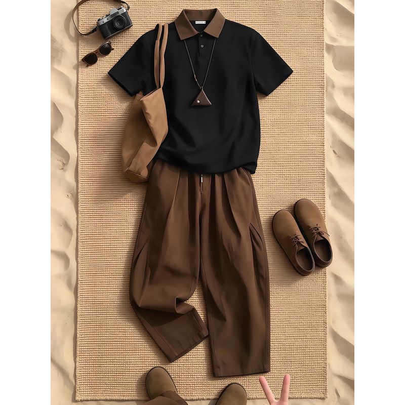 Boys' Cool and Stylish Outfit Set with Contrasting Color Patchwork, Regular Shoulder Short-Sleeve Polo Shirt, American Retro Brown Pants, Complete Set Boys' Cool and Stylish Outfit Set with Contrasting Color Patchwork, Regular Shoulder Short-Sleeve Polo Shirt, American Retro Brown Pants, Complete Set