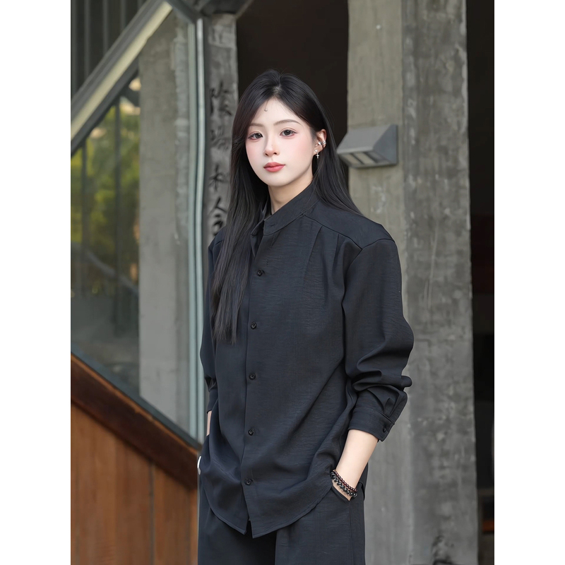 Fake Two-Piece Black Long-Sleeve Shirt for Men, Autumn High-End Style, Cool and Stylish Chinese-Style Stand Collar Shirt with Old Money Style Jacket Fake Two-Piece Black Long-Sleeve Shirt for Men, Autumn High-End Style, Cool and Stylish Chinese-Style Stand Collar Shirt with Old Money Style Jacket