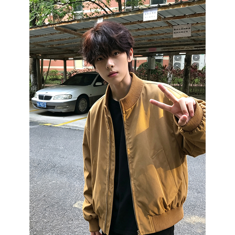 Maillard Brown Flight Jacket for Men, Autumn Outfit, American High Street Style, Stand Collar, Short Shoulder-Length Baseball Jacket