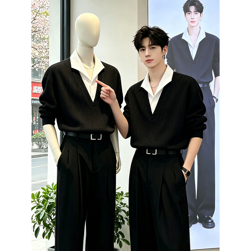 Black Wheat Ear Faux Two-Piece Sweatshirt for Men, Autumn Style, Long-Sleeve T-Shirt with a Vintage Money Style, Polo Collar Black Wheat Ear Faux Two-Piece Sweatshirt for Men, Autumn Style, Long-Sleeve T-Shirt with a Vintage Money Style, Polo Collar