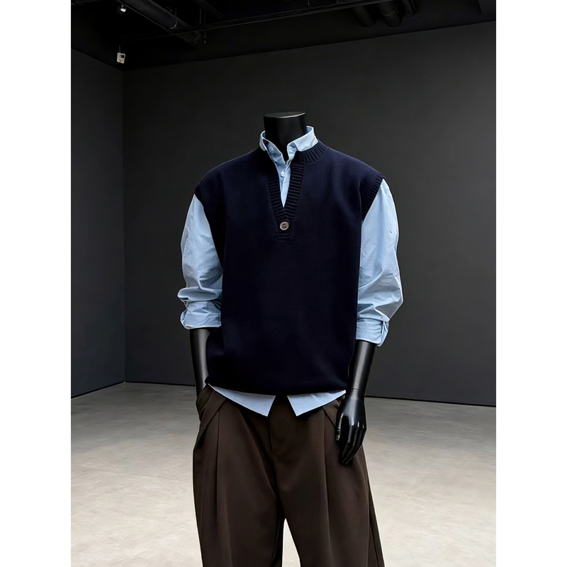Old Money Style V-Neck Knitted Sweater Vest Outerwear Layering Men's Autumn Husband-Like Outfit Commuter Set