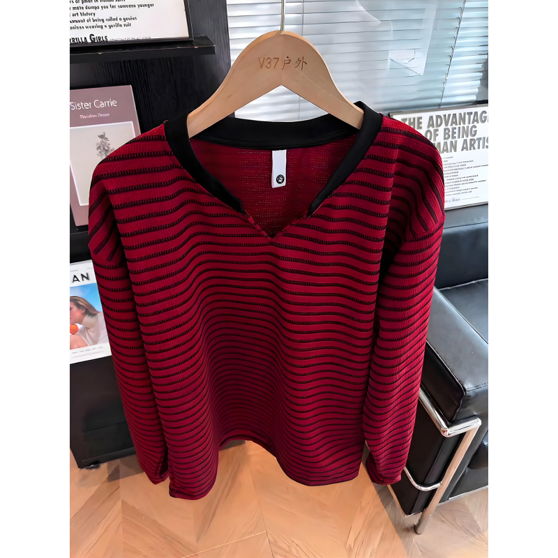 Red and Black Contrast Striped Long-Sleeve T-Shirt for Men, Autumn American Retro V-Neck Sweatshirt, Heavyweight Regular Shoulder Base Layer Shirt