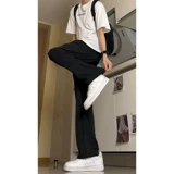 Шелковые черные цветные летние японские штаны, в американском стиле, изысканный стиль, высокая талия, свободный прямой крой