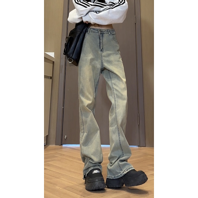 Belt-Style Beige Denim Jeans for Men, Trendy American High Street Vibe, Crotch-Raising High-Waisted Pants, Petite Flared Pants