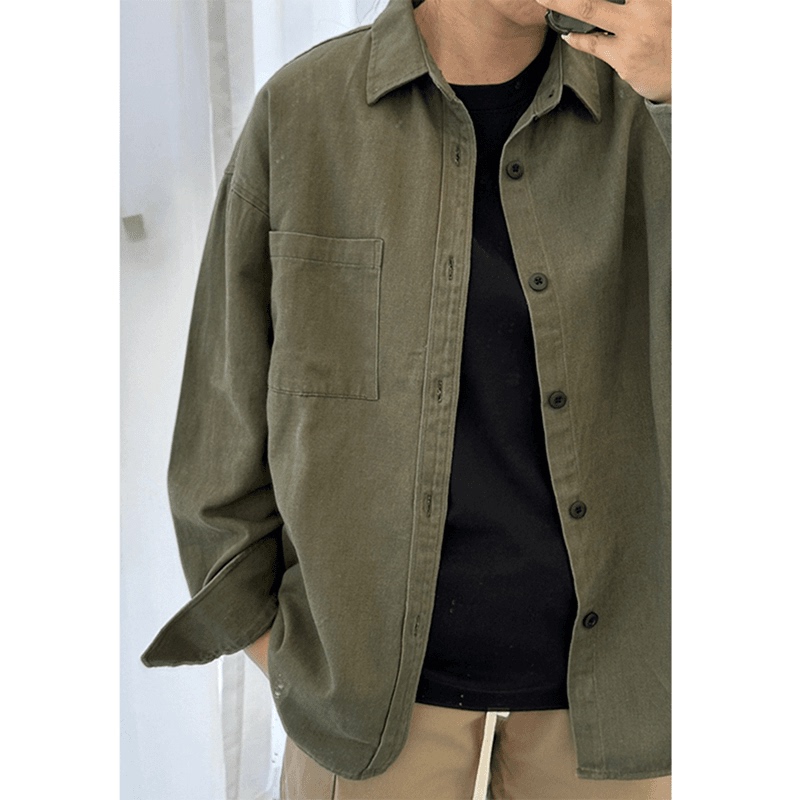 Military Green Workwear Long-Sleeved Shirt for Men, Spring and Autumn Cleanfit High-End Stylish Jacket, Korean Style Lazy Shirt