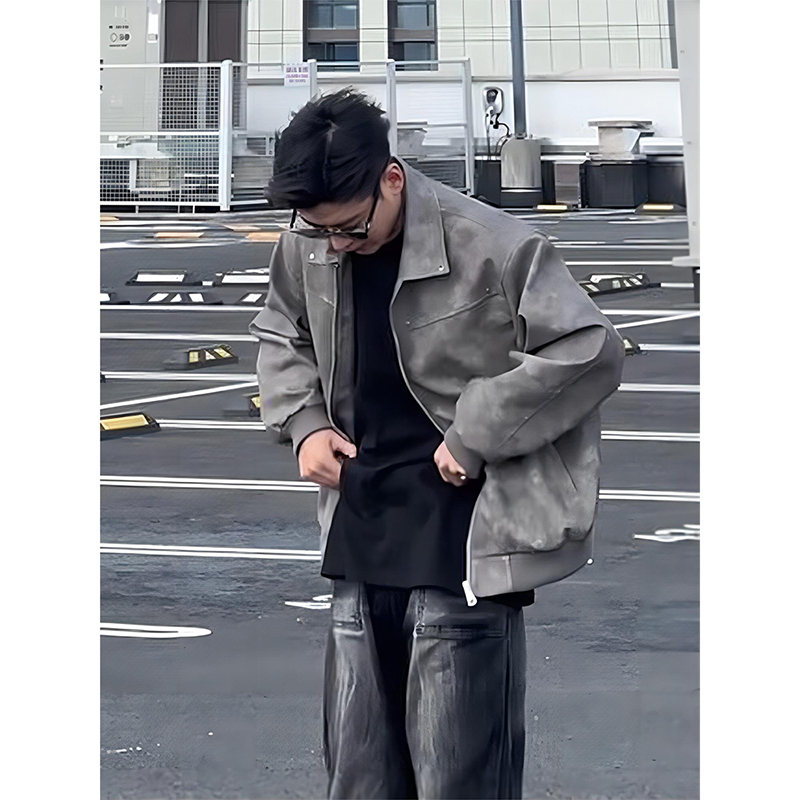 Black and Gray Leather Jacket for Men, Spring and Autumn American-Style Biker Short Jacket, High-End Cool Lapel Baseball Jacket