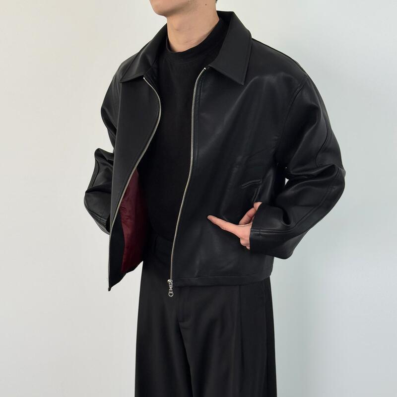 American Retro Cleanfit Red Lining Leather Jacket for Men, Spring and Autumn, High-End Short Wide Pu Leather Jacket