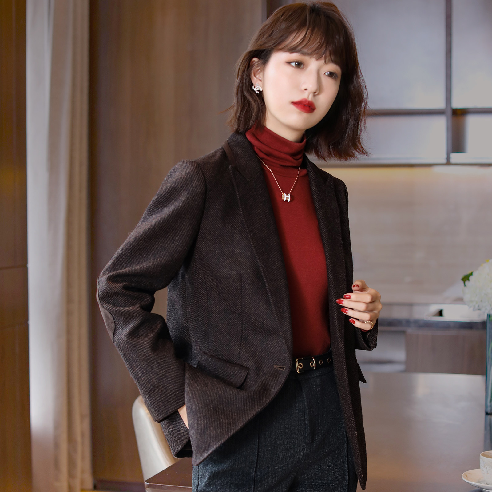 FENPERATE Deer Leather Suede Splicing Hair Suit Woman 2022 Autumn Winter Temperament Commute Workplace West Suit Jacket