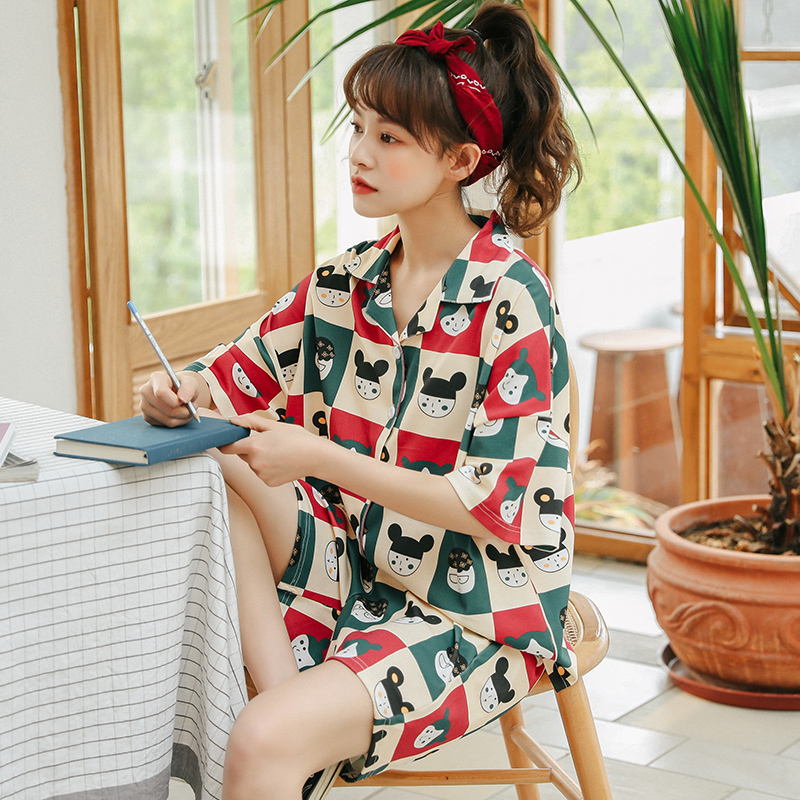 Pajama womens mùa hè bông ngắn tay giản dị phim hoạt hình nhà mặc Hàn Quốc phiên bản của cỡ lớn quần short cotton có thể đi ra ngoài hai mảnh.