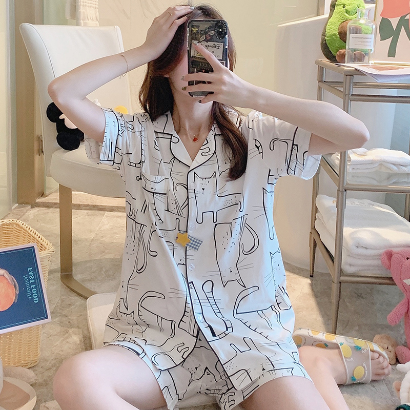 Bông pajama con trai mùa hè mỏng ngắn tay Hàn Quốc phiên bản mới dễ thương sinh viên cartoon cardigan hai mảnh nhà quần áo.