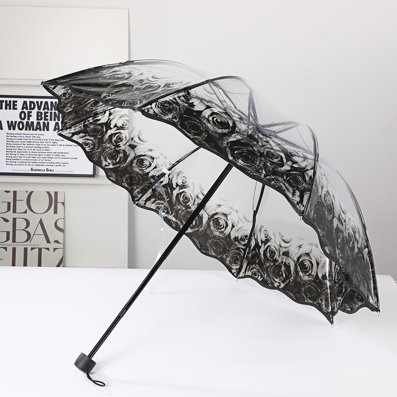Transparent Umbrella with Butterfly and Rose Design, High Aesthetic Value, Foldable, Portable, Trendy Street Style Umbrella, Dual-Use for Sun and Rain, Fresh and Thickened