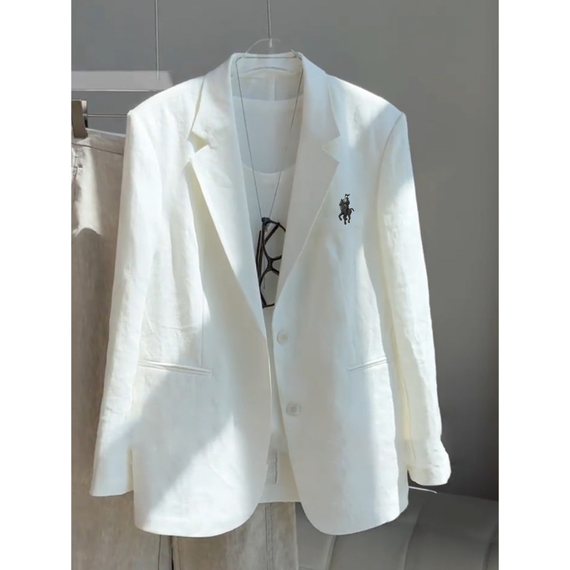 Minimalist White Linen Blazer for Women with Horse Embroidery, 2026 Summer Thin High-Fashion Suit Jacket Minimalist White Linen Blazer for Women with Horse Embroidery, 2026 Summer Thin High-Fashion Suit Jacket