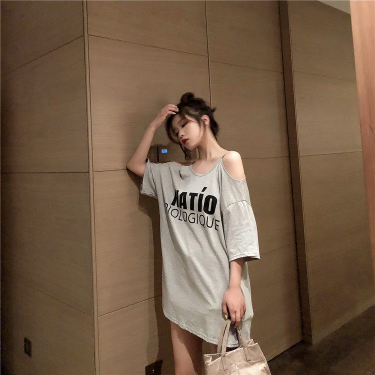 VK旗艦店 韓系露肩小心機露背印花寬鬆短袖洋裝