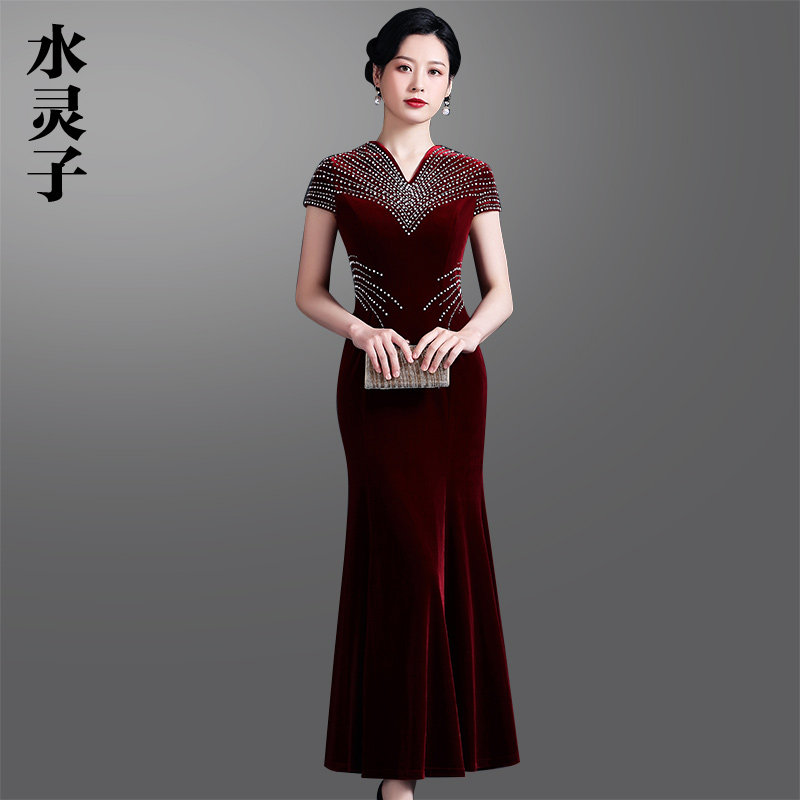 Pearl Golden Velvet Bangrobe Long Mom Wedding Wedding Old Mom Noble Dress