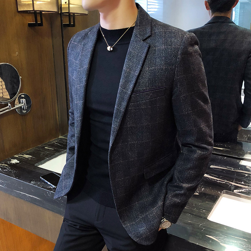 Spring casual blazer men's Korean version slim fashion handsome single West men's formal plaid suit top