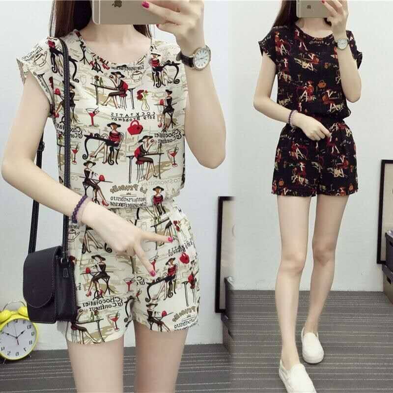 Cotton silk pajamas set summer women's fashion outer wear loose large size cotton silk shorts two-piece set of artificial cotton home clothes