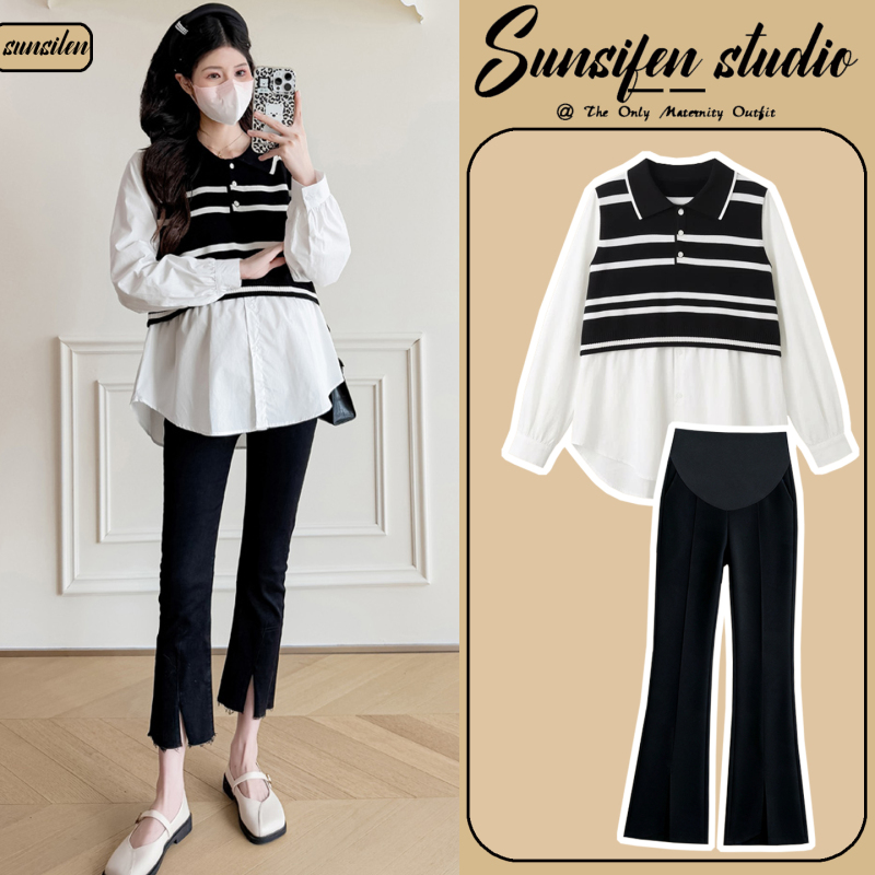 Maternity Autumn Outfit 2026 New Striped Top Fake Two-Piece Shirt Loose Fit to Cover Belly Stylish Two-Piece Set for Pregnancy