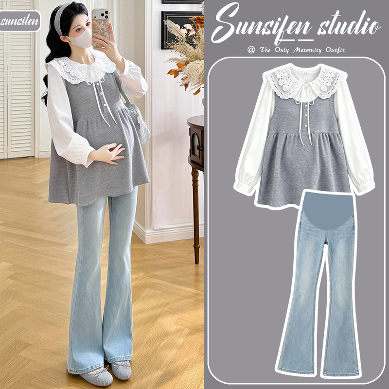 Maternity Wear Autumn Set 2026 New Fashion Lace Doll Collar Long-Sleeved Shirt That Covers the Belly Without Revealing Pregnancy, Two-Piece Set Maternity Wear Autumn Set 2026 New Fashion Lace Doll Collar Long-Sleeved Shirt That Covers the Belly Without Revealing Pregnancy, Two-Piece Set