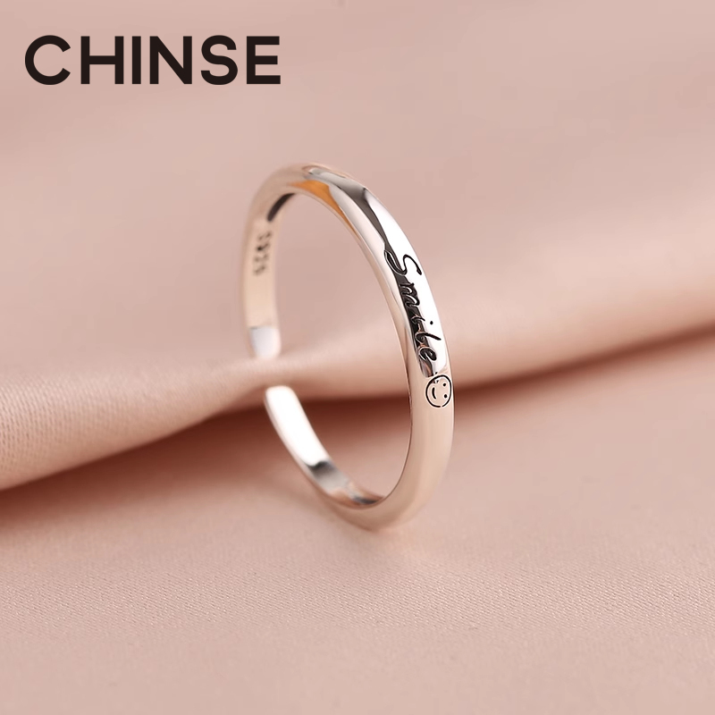 Qingsejia Korean 925 Sterling Silver Smile Ring for Women, Adjustable Vintage Artistic Smiley Face Ring, Trendy