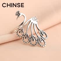 Pure silver retro Thai silver National style classical ring female light luxury opening index finger fashion personality exaggerated peacock Phoenix