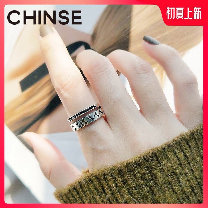 Tilt-color Korea East gate bursting with S925 pure silver double-decker tank chain living mouth ring female forefinger Withdrawal Broad Version