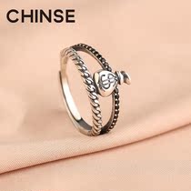 The color of the fortune bag S925 sterling silver ring opening money bag jewelry live mouth index finger ring retro niche plain silver