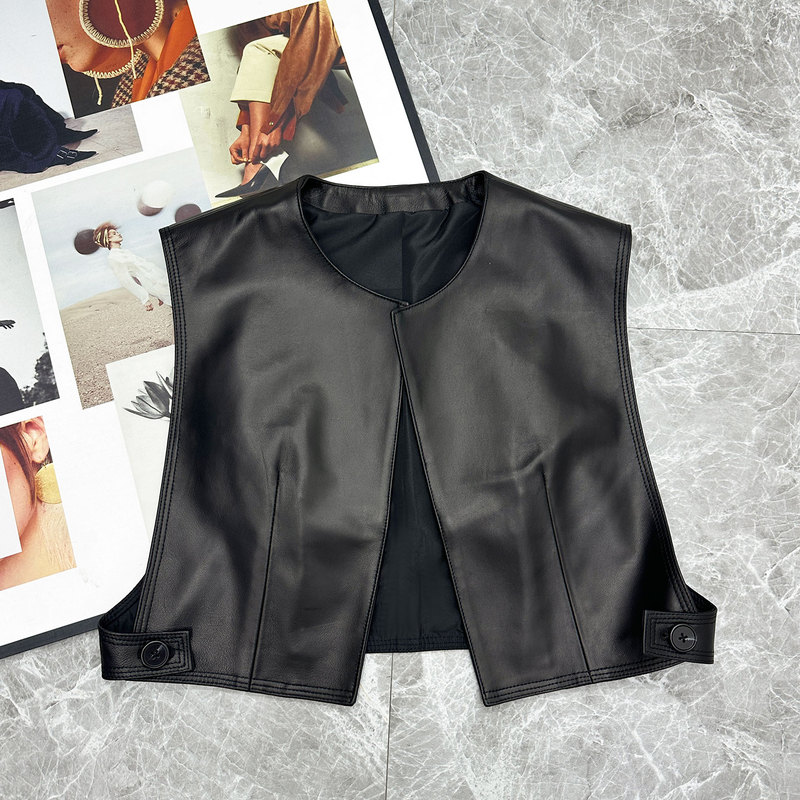 2026 Early Autumn New Genuine Leather Vest for Women, Short Round Neck Ruched Sleeveless Vest, Sheepskin Fashionable Versatile Waistcoat