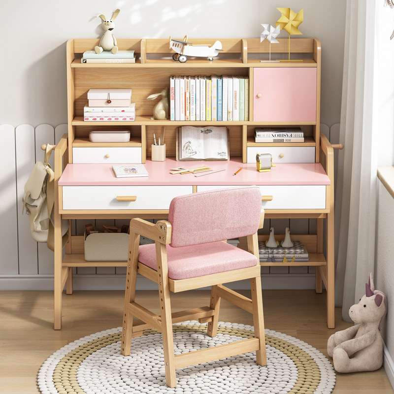 Children's study table solid wood legs desk bookshelf combination home primary school students desk boys and girls bedroom work table