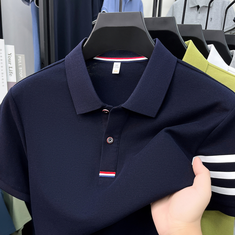 100% Pure Cotton Polo Shirt for Men, Short-Sleeved Business Pique Cotton T-Shirt, High Weight, Summer Wear, Three Stripes