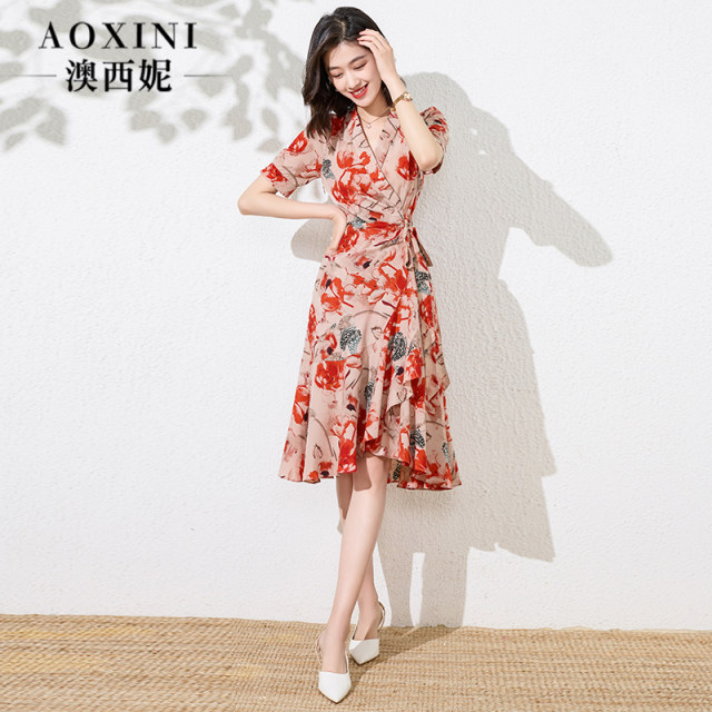 French retro design dress with waist texture high-end ruffled temperament niche floral skirt female summer