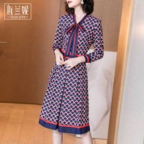 High-end temperament printed long-sleeved dress bow waist socialite wave point foreign style age reduction 2020 autumn new