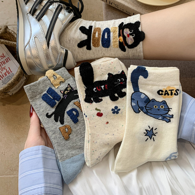 Cartoon Cat Socks for Women, Mid-Calf Socks, Spring and Summer Cotton Socks, Korean Style, Japanese Style, Flocked, Cute, Trendy Spring Long Socks