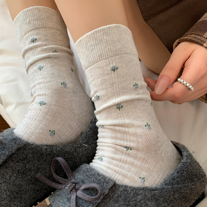 Floral Socks for Women, Mid-Calf Socks, Thin Summer Cotton Socks, Retro College Style, Korean and Japanese Style, Spring Long Socks, Slouch Socks
