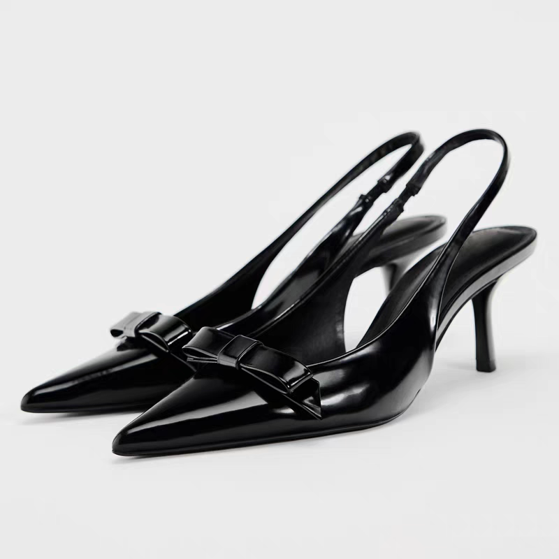 Spanish 2025 New Women's Patent Leather Bow-Decorated Pointed-Toe Slingback Mules High Heels Commuting Work Sandals